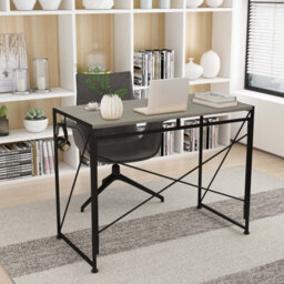 Home Source Brampton Folding Grey Oak Effect Compact Desk Storage Hook Wood And Metal Home Office Workstation - thumbnail 1