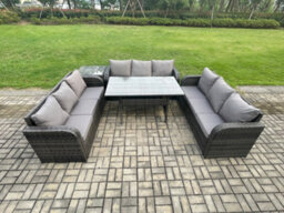 Fimous Rattan Garden Furniture Set With Oblong Dining Table Side Table 9 Seater Outdoor Lounge Sofa Set Dark Grey Mixed - thumbnail 1