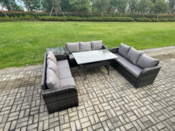 Fimous Rattan Garden Furniture Set With Oblong Dining Table Side Table 9 Seater Outdoor Lounge Sofa Set Dark Grey Mixed - thumbnail 2