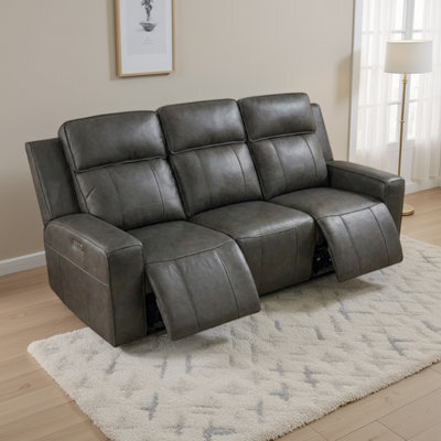 Furnishings For Less UK Barcino Electric Reclining 3 Seater Leather Look Usb Charging Grey - image 1