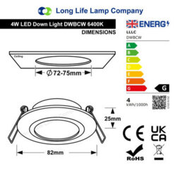 Long Life Lamps Company 4W Led Ceiling Downlight White Recessed Adjustable Spot Light Cool White Dwbcw - thumbnail 2