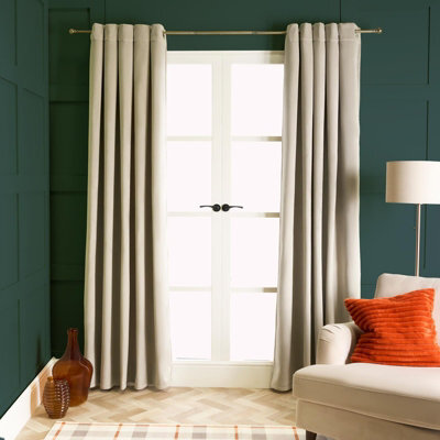 "OHS Thermal Matte Velvet Eyelet Curtains 2 Pair Of Ready Made, Natural - 90"" X 90"""