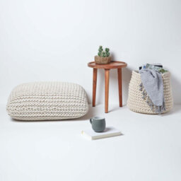 Homescapes Natural Square Cotton Knitted Pouffe Floor Cushion - thumbnail 6