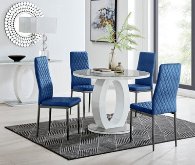 Furniturebox Uk Giovani Round Grey 100Cm Table And 4 Navy Velvet Milan Black Leg Chairs - image 1