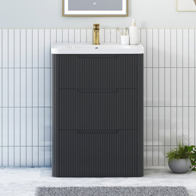 Royal Bathrooms Avenza 600mm Fluted Floor Standing Vanity Unit Matt Obsidian Black 3 Drawer Storage Cabinet With Ceramic Basin - image 1
