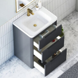 Royal Bathrooms Avenza 600mm Fluted Floor Standing Vanity Unit Matt Obsidian Black 3 Drawer Storage Cabinet With Ceramic Basin - thumbnail 3