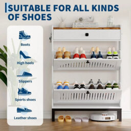 White Modern Space-Saving Shoe Cabinet, Wooden Storage Cabinet Organizer - thumbnail 3