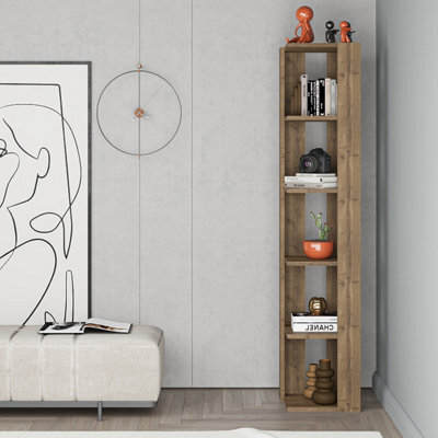 Decortie Nati Tall Corner Bookcase Modern Shelving Unit Space-Saving Storage Dark Oak Effect 161Cm - image 1
