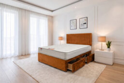"Knight Sleep Emily Plush Bed Set With Mattress, 4 Drawers Same Side & 24""headboard, Orange Plush, 6Ft - Super King"