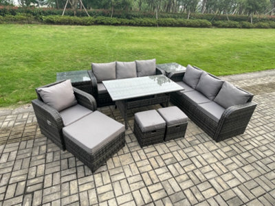 Fimous 10 Seater Outdoor Rattan Garden Furniture Set Oblong Dining Table And Chairs Set With 3 Seater Sofa 3Pc Footstools - image 1