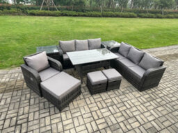 Fimous 10 Seater Outdoor Rattan Garden Furniture Set Oblong Dining Table And Chairs Set With 3 Seater Sofa 3Pc Footstools - thumbnail 1