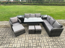 Fimous 10 Seater Outdoor Rattan Garden Furniture Set Oblong Dining Table And Chairs Set With 3 Seater Sofa 3Pc Footstools - thumbnail 2