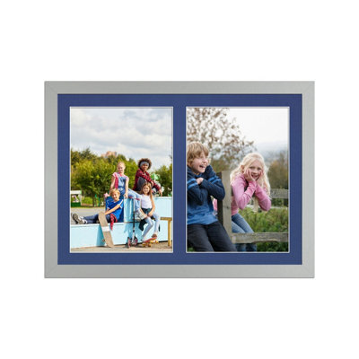 AK Frames 20X14 Silver Modern Multi Photo Frame With Blue Mount - Holds 2 Apertures (2X) A4 Photos - image 1