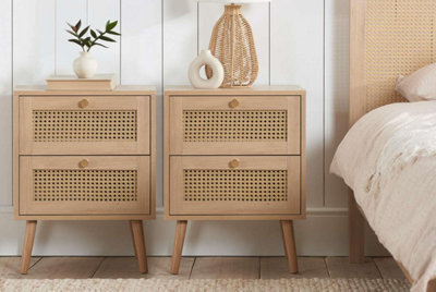 Pair Of Bedside 2 Drawer Cabinet  Rattan Croxley Side Table Oak - image 1