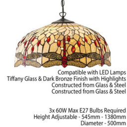 Tiffany Glass Hanging Ceiling Pendant Light Bronze Chain Dragonfly Shade I00104 - thumbnail 2