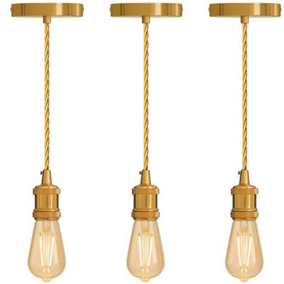Vintage E27 Pendant Light Fitting  French Gold Hanging Ceiling Lamp Kit With Twisted Fabric 2M Cable Pack Of 3 - image 1
