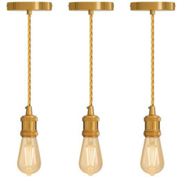 Vintage E27 Pendant Light Fitting  French Gold Hanging Ceiling Lamp Kit With Twisted Fabric 2M Cable Pack Of 3 - thumbnail 1