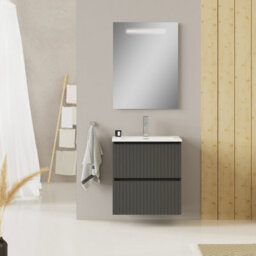 Banyetti Linea Matt Grey Ribbed Double Drawer Wall Hung Vanity Unit 600mm X 390mm - thumbnail 1