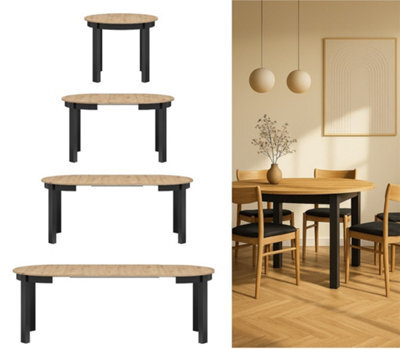 Impact Furniture Round Dining Table Extendable Oval Oak Effect Top Black Legs Kitchen Seater 4 6 8 10 12 Extending From 105Cm To 240Cm Indus - image 1