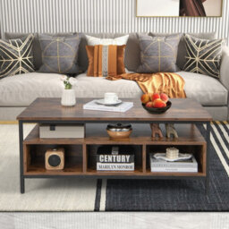 Costway Industrial Coffee Table Wooden Cocktail Center Table With Storage Shelf - thumbnail 8