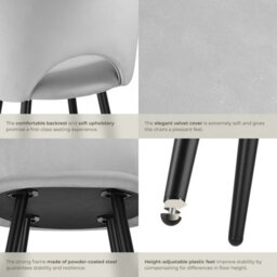 Tectake Bar Stool Rachel With Backrest And Velvet Look Cover, 49 X 58 X 110 Cm - Light Grey/black, Set Of 4 - thumbnail 5