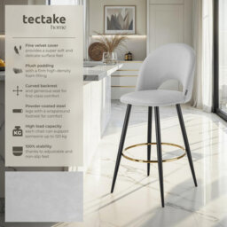 Tectake Bar Stool Rachel With Backrest And Velvet Look Cover, 49 X 58 X 110 Cm - Light Grey/black, Set Of 4 - thumbnail 2