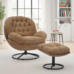 Brown Chenille Fabric Azura Swivel Accent Chair With Footstool