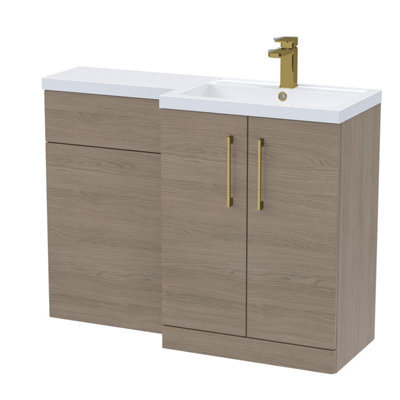 Balterley Right-Hand Bathroom Vanity And Wc Unit Combination With Basin - 1100mm - Woodgrain Mid Oak With Brushed Brass Handles