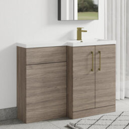 Balterley Right-Hand Bathroom Vanity And Wc Unit Combination With Basin - 1100mm - Woodgrain Mid Oak With Brushed Brass Handles - thumbnail 4