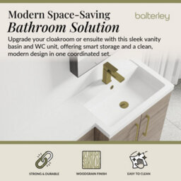 Balterley Right-Hand Bathroom Vanity And Wc Unit Combination With Basin - 1100mm - Woodgrain Mid Oak With Brushed Brass Handles - thumbnail 2