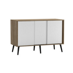 Urbn-Living Urbnliving 3-Door Sliding Cabinet Sideboard Oak Carcass With White Doors Storage Organiser Home Cupboard Black Wooden Legs