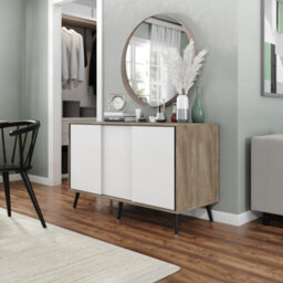 Urbn-Living Urbnliving 3-Door Sliding Cabinet Sideboard Oak Carcass With White Doors Storage Organiser Home Cupboard Black Wooden Legs - thumbnail 2