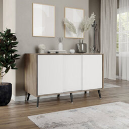 Urbn-Living Urbnliving 3-Door Sliding Cabinet Sideboard Oak Carcass With White Doors Storage Organiser Home Cupboard Black Wooden Legs - thumbnail 3