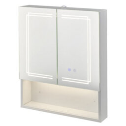 Living And Home Double Door Wall-Mounted Bathroom Anti-Fog Mirror Cabinet With Led Lights, Shelves, Built-In Shaver Socket - thumbnail 2