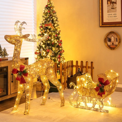 Costway Lighted Christmas Reindeer & Sleigh Outdoor & Indoor Xmas Decoration