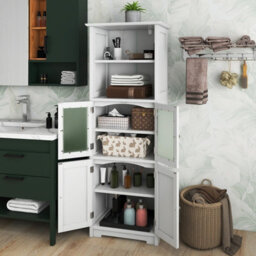 Costway 163Cm Tall Bathroom Storage Cabinet Kitchen Pantry Cupboard W/ Glass Doors White - thumbnail 4