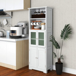 Costway 163Cm Tall Bathroom Storage Cabinet Kitchen Pantry Cupboard W/ Glass Doors White