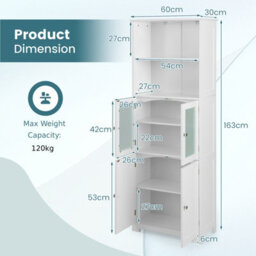 Costway 163Cm Tall Bathroom Storage Cabinet Kitchen Pantry Cupboard W/ Glass Doors White - thumbnail 3
