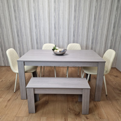 Kosy Koala Dining Table Set In Grey, 4 Diamond-Pattern Cream Chairs, And 1 Bench. Kitchen Dining Table For 4 - image 1