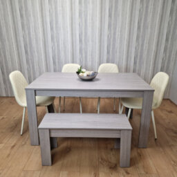Kosy Koala Dining Table Set In Grey, 4 Diamond-Pattern Cream Chairs, And 1 Bench. Kitchen Dining Table For 4