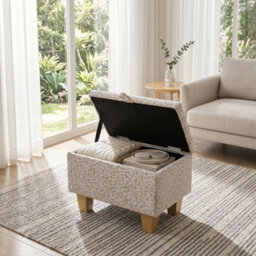 Living And Home Beige And Light Brown Linen Upholstered Storage Ottoman With Hidden Compartment 49Cm W - thumbnail 2