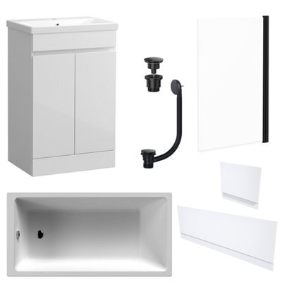 FNX Bathrooms Waterproof 600mm Vanity Unit With Single Ended Bath, Gloss White Panels, Matt Black Screen, Bath & Universal Basin Waste - image 1