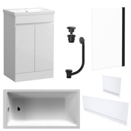 FNX Bathrooms Waterproof 600mm Vanity Unit With Single Ended Bath, Gloss White Panels, Matt Black Screen, Bath & Universal Basin Waste - thumbnail 1