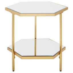 Orsina Gold Finish 2 Tier Side Table, Spacious Hexagonal Table With Mirrored Glass Tiers, Functional Nesting Table - thumbnail 1