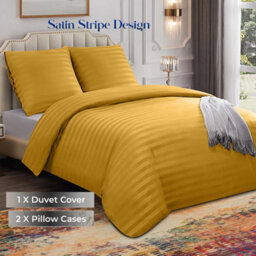 Ameha Stripe Duvet Set With Pillowcase Reversible Bedding & Soft Microfiber Cover Ochre Single Size 135X200Cm - thumbnail 1