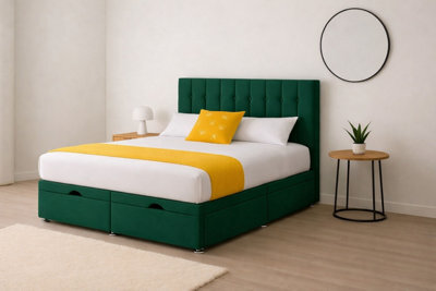 Comfy Deluxe 2Ft6 Small Single Green Plush Florence Ottoman Lift Open Storage Bed Set Headboard With Mattress