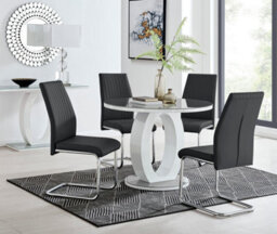 Furniturebox Giovani Round 4 Seat 100Cm White High Gloss Unique Halo Base Grey Glass Top Dining Table 4 Black Faux Leather Lorenzo Chairs