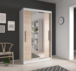 Arte Contemporary White & Oak Sonoma Sliding Door Wardrobe W1200mm H2000mm D610mm With Mirrored Design - thumbnail 1