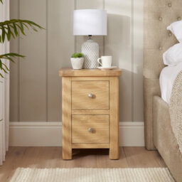 The Furniture Market Marbury Oak Slim 2 Drawer Bedside Table Narrow Nightstand For Small Spaces Solid Wood Brushed Nickel Handles Fully Assembled - thumbnail 2