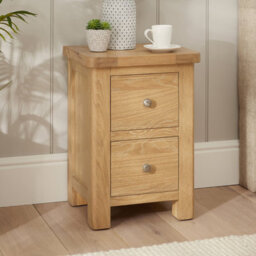The Furniture Market Marbury Oak Slim 2 Drawer Bedside Table Narrow Nightstand For Small Spaces Solid Wood Brushed Nickel Handles Fully Assembled
